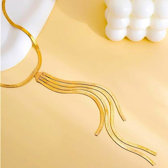 Gold Plated Tassel Fringe Long Statement Necklace - Picture 3 of 7